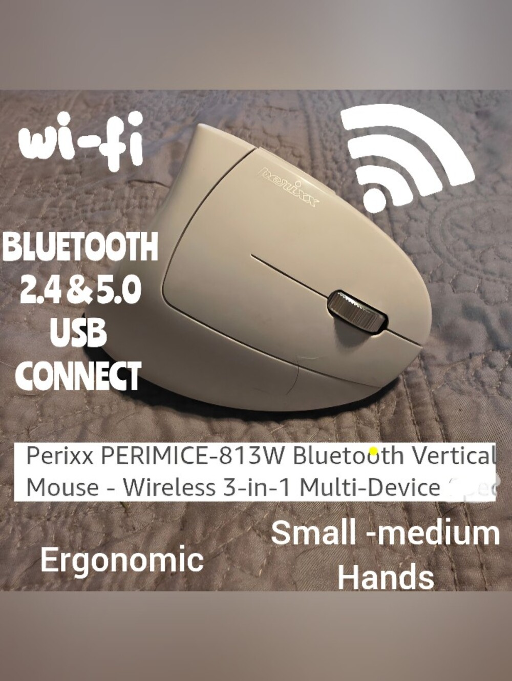Perixx PERIMICE-813W Bluetooth Vertical Mouse - Wireless 3-in-1 Multi-Device Spe